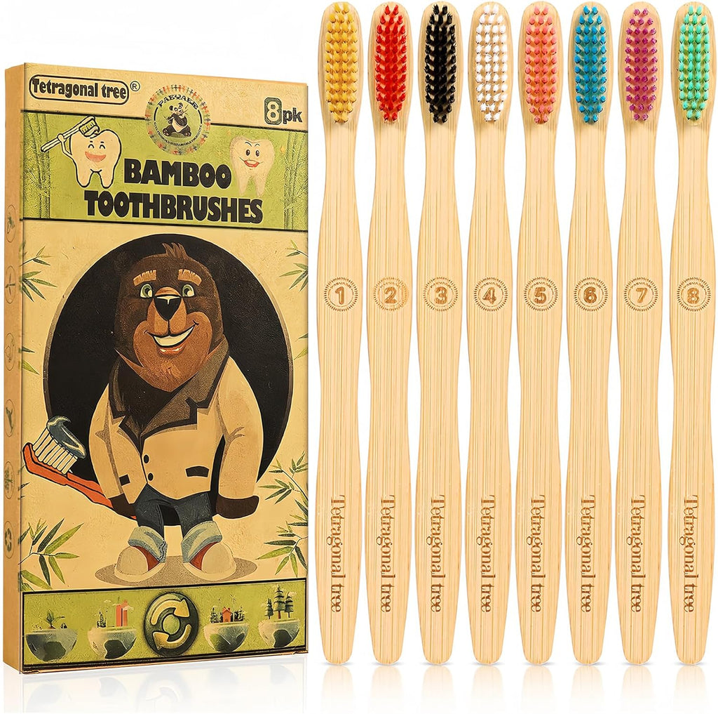 8 Count Bamboo Toothbrushes - BPA Free Soft Bristles Natural Toothbrush Set - Biodegradable & Compostable Eco-Friendly Wooden Toothbrush