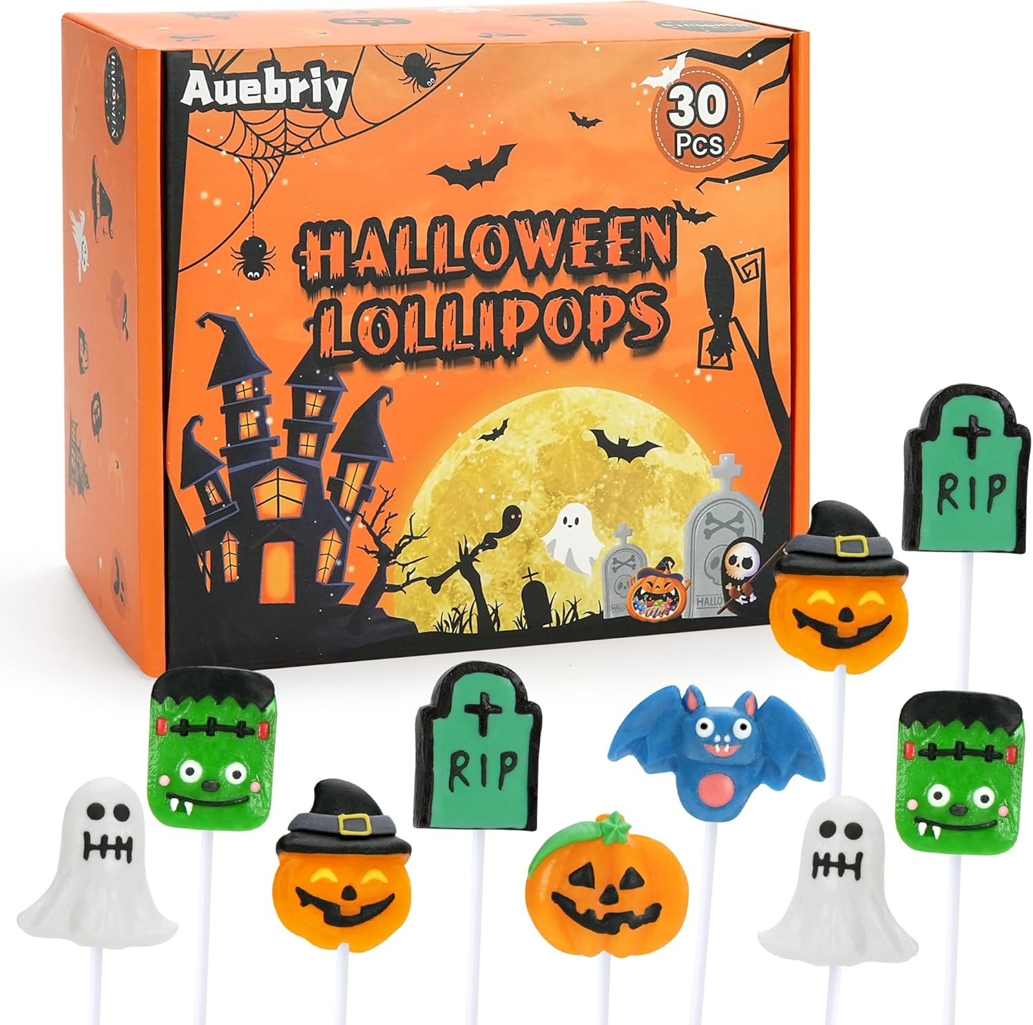 Auebriy Halloween Lollipop Suckers -30 Pack Fruity Halloween Candy Spooky Ghost, Bat, Pumpkin, Jack-O-Lantern, Tombstone, Monster Individually Wrapped Trick or Treat Candy in Gift Box for Party Favors