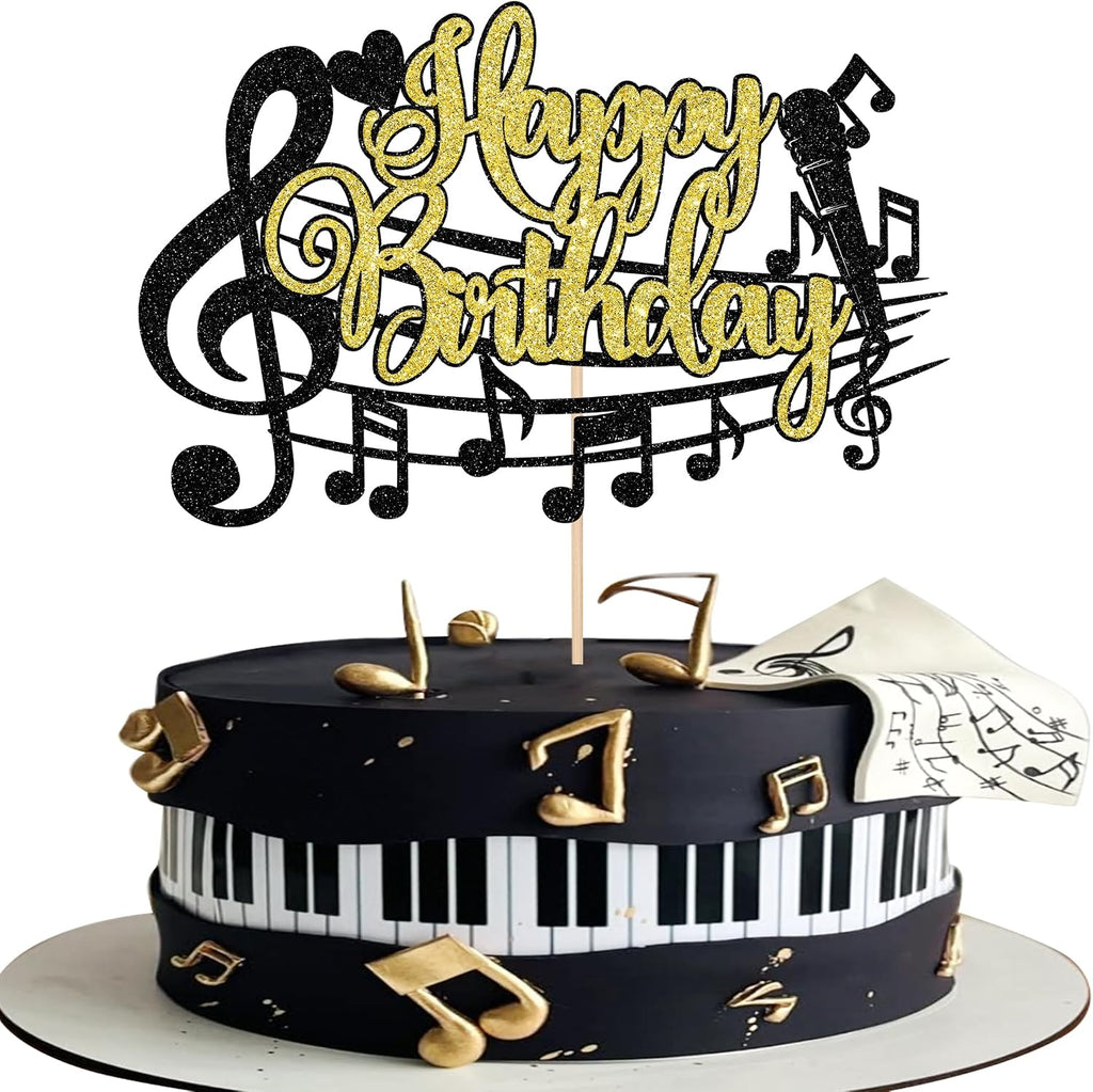 1 PCS Music Happy Birthday Cake Topper Black Gold Glitter Musical Symbol Note Microphone Music Lover Birthday Cake Pick for Concert Singer Theme Party Cake Decoration Supplies