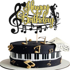 1 PCS Music Happy Birthday Cake Topper Black Gold Glitter Musical Symbol Note Microphone Music Lover Birthday Cake Pick for Concert Singer Theme Party Cake Decoration Supplies