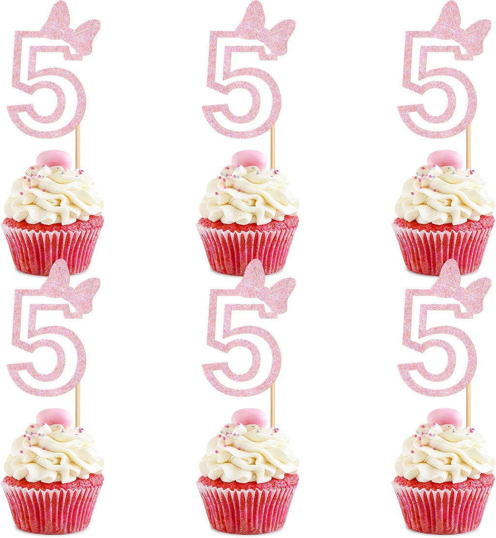 Ercadio 24Pcs Girls 5th Birthday Cupcake Toppers Glitter Pink Bow Number 5 Cupcake Picks for Pink Bow Baby Girls 5th Birthday Anniversary Cake Decorations Supplies