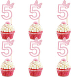 Ercadio 24Pcs Girls 5th Birthday Cupcake Toppers Glitter Pink Bow Number 5 Cupcake Picks for Pink Bow Baby Girls 5th Birthday Anniversary Cake Decorations Supplies