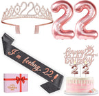 22 Birthday Decorations for Women with Black 22nd Birthday Sash and Tiara, Cake Topper and Candles, Number Balloons Rose Gold, 22 Year Old Gifts for Women