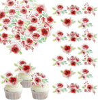 60 PCS Edible Red Rose Cupcake Toppers Wafer Paper Valentine's Day Cupcake Picks Edible Rose Flower Cake Decorations for Roses Theme Wedding Engagement Valentine's Day Birthday Party Supplies Red