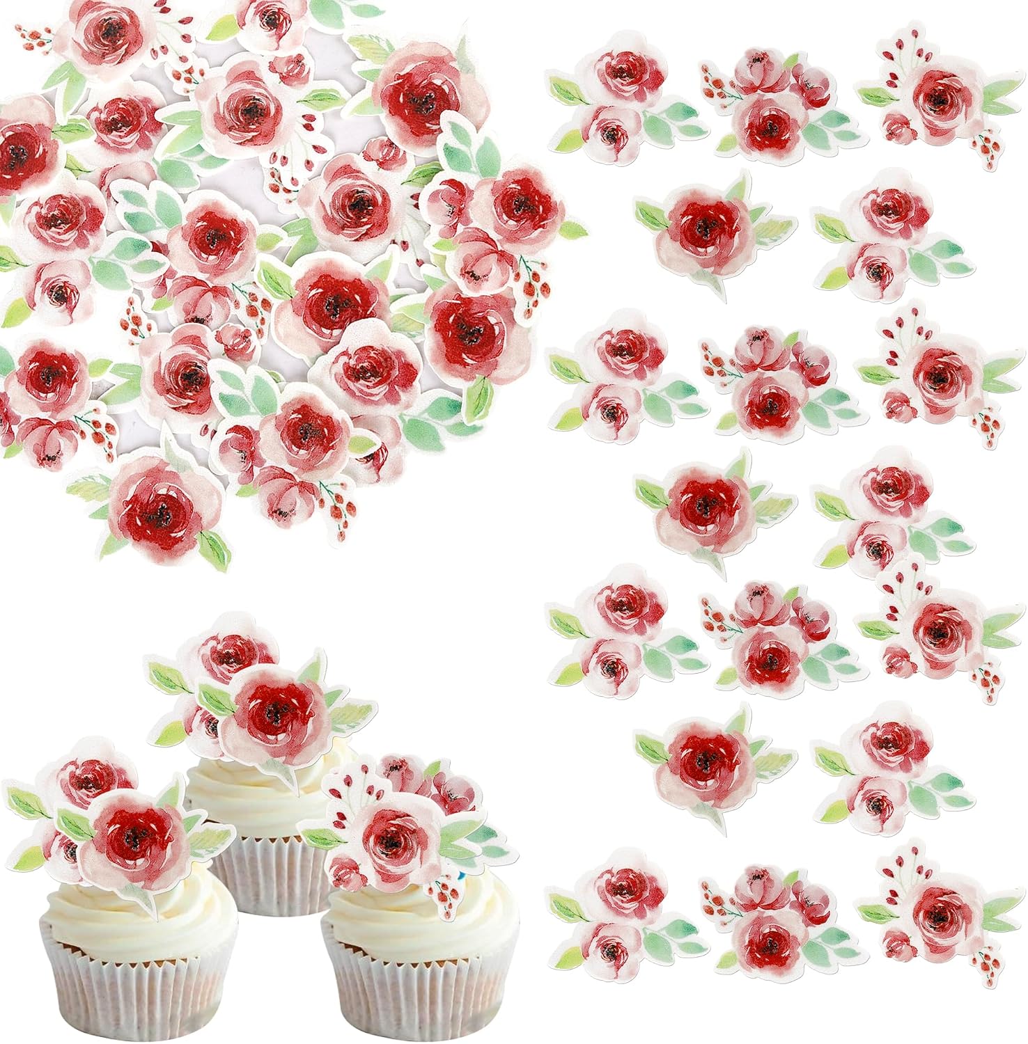 60 PCS Edible Red Rose Cupcake Toppers Wafer Paper Valentine's Day Cupcake Picks Edible Rose Flower Cake Decorations for Roses Theme Wedding Engagement Valentine's Day Birthday Party Supplies Red