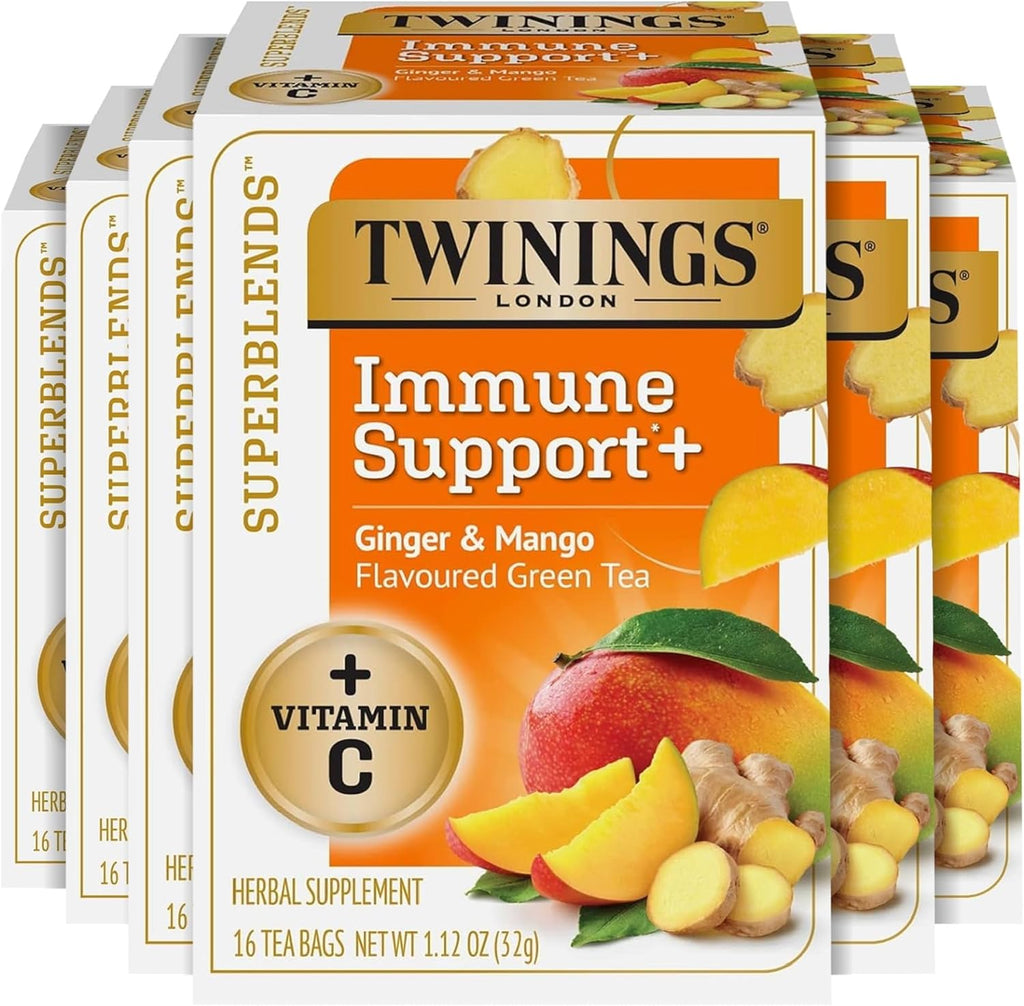 Twinings Superblends Immune Support+ Herbal Tea with Vitamin C, Ginger & Mango Flavoured Green Tea, 16 Tea Bags (Pack of 6), Naturally Caffeine-Free, Enjoy Hot or Iced, 96 Teabags