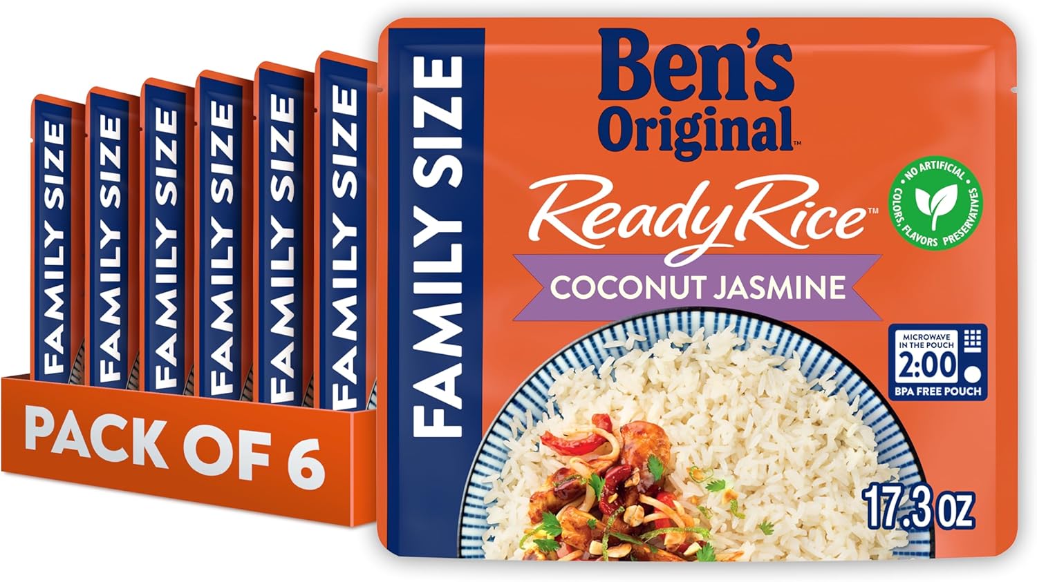 BEN'S ORIGINAL READY RICE Coconut Jasmine Family Size Rice, Easy Dinner Side, 17.3 oz Pouch (Pack of 6)