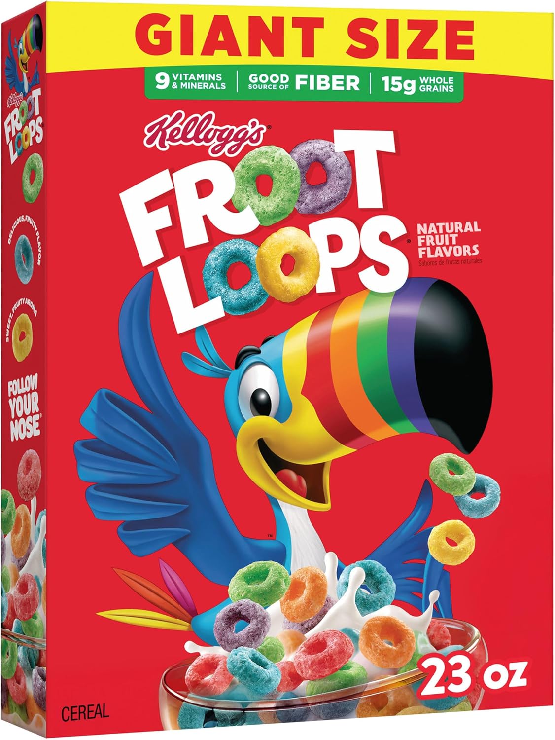 Kellogg's Froot Loops Breakfast Cereal, Good Source of Fiber, 15g Whole Grains, Giant Size, 23 oz