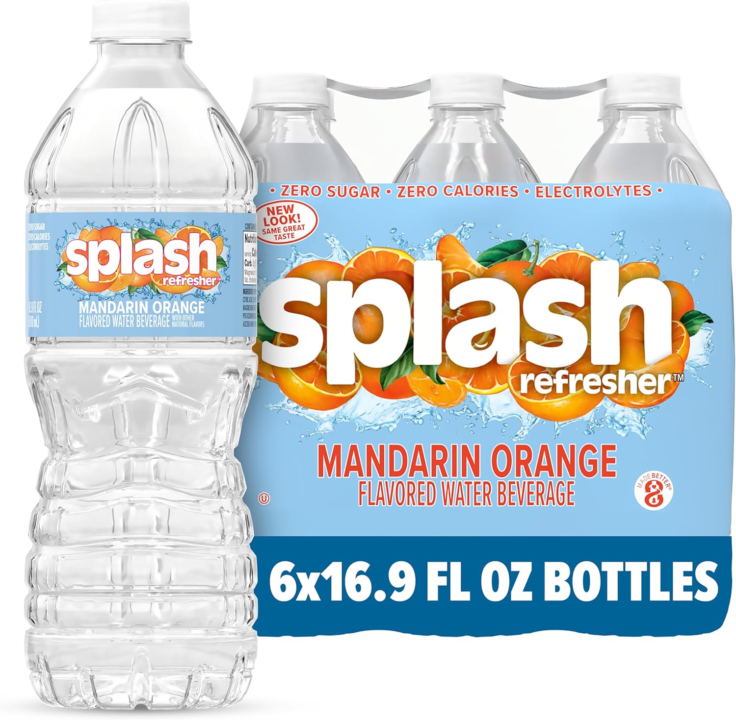 SPLASH REFRESHER Flavored Water Bottles, Mandarin Orange Flavor - 6-Pack, 16.9 Fl Oz - Refreshing Flavored Bottled Water with Electrolytes - Zero Sugar & Zero Calories