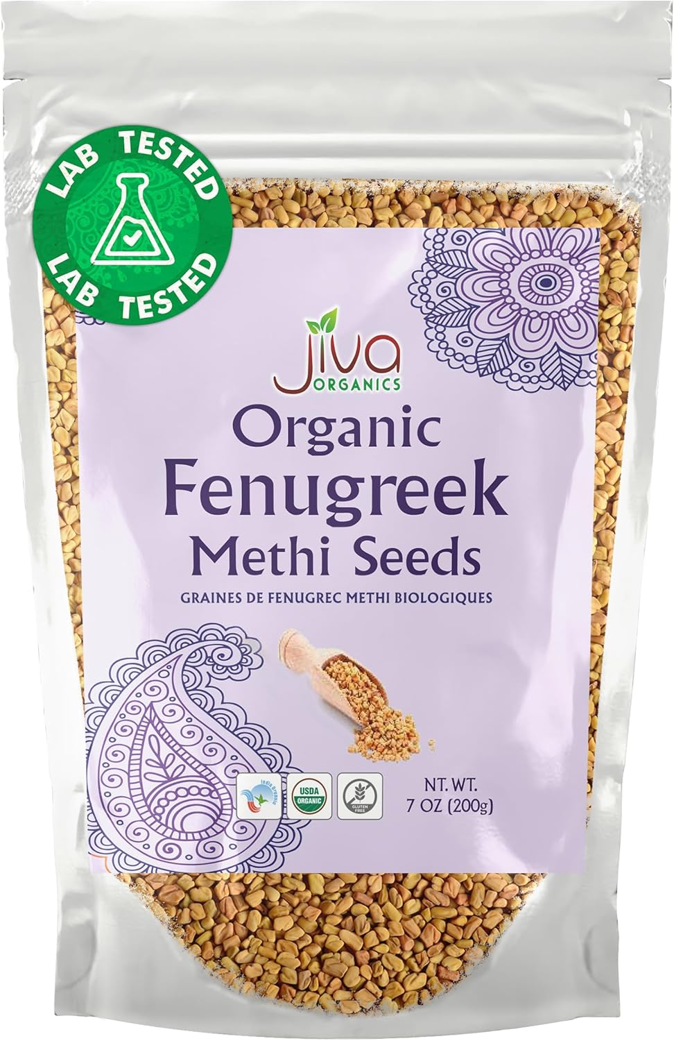 Jiva Organic Fenugreek Seeds 7 Ounce – Non-GMO, Gluten Free, All Natural Fenugreek Spice – Organic Fenugreek Seeds for Hair Growth, Cooking & Sprouting - Methi Seeds for Methi Dana Water - Raw & Natural, Product of India