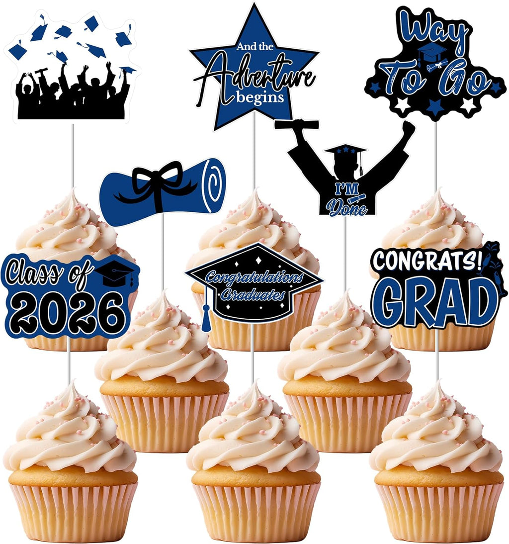 2026 Graduation Cupcake Toppers, 48 Pcs Class of 2026 Cupcake Toppers Congrats Grad Cupcake Picks for Dessert Food Pizza for Graduation Party Decorations (Blue Black)