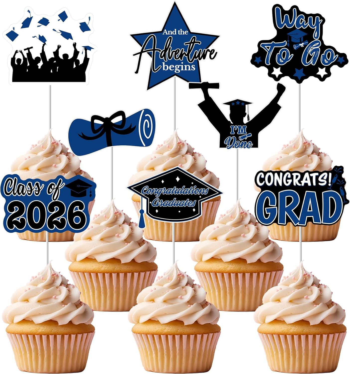 2026 Graduation Cupcake Toppers, 48 Pcs Class of 2026 Cupcake Toppers Congrats Grad Cupcake Picks for Dessert Food Pizza for Graduation Party Decorations (Blue Black)