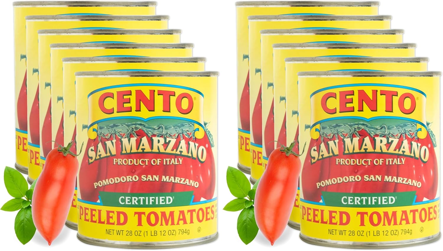 Cento Certified San Marzano Whole Peeled Tomatoes,28 Oz,Canned Plum Tomatoes in Thick Puree with Basil,Grown and Processed in Italy,(Pack of 12)