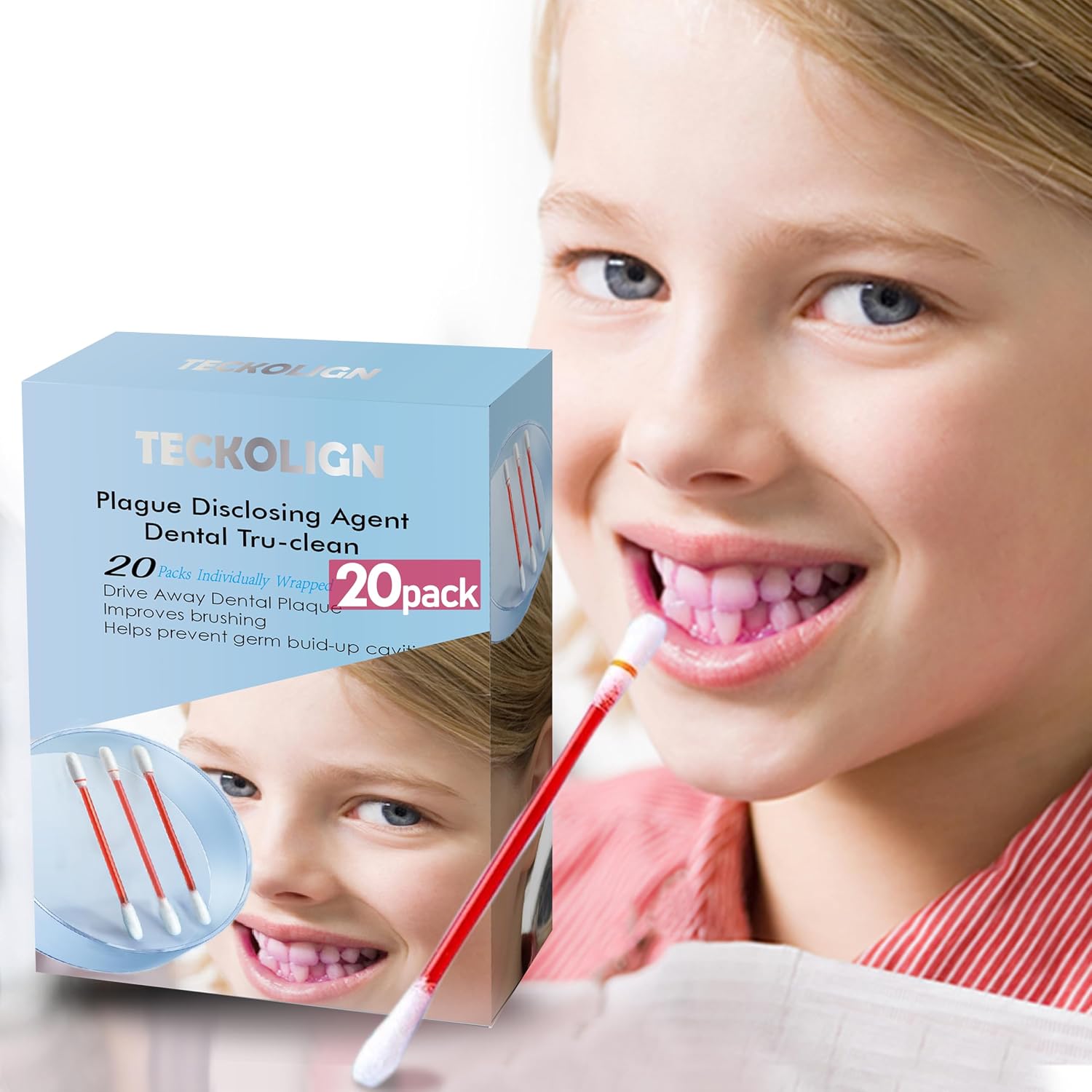 Dental Plaque Disclosing Agent, Plague Display Cotton Swab(not Tablets) Indicator, for Kids & Adults, Shows Plaque,Helps Teach Brushing Habits, Dental Care Kits, 20 Count in 1 Pack