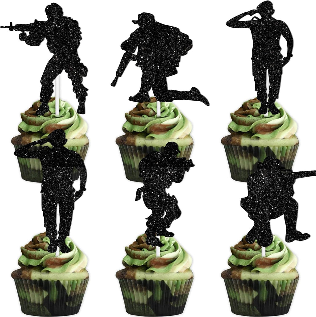 18pcs Black Glitter Silhouette Dessert Cupcake Topper for Military Soldier Theme Decor Supplies Baby Shower Boy Girl Happy Birthday Party Decorations