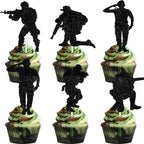 18pcs Black Glitter Silhouette Dessert Cupcake Topper for Military Soldier Theme Decor Supplies Baby Shower Boy Girl Happy Birthday Party Decorations