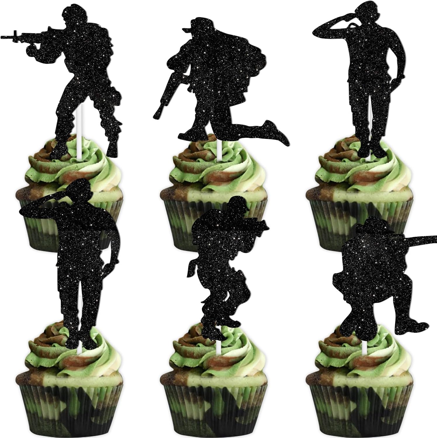 18pcs Black Glitter Silhouette Dessert Cupcake Topper for Military Soldier Theme Decor Supplies Baby Shower Boy Girl Happy Birthday Party Decorations
