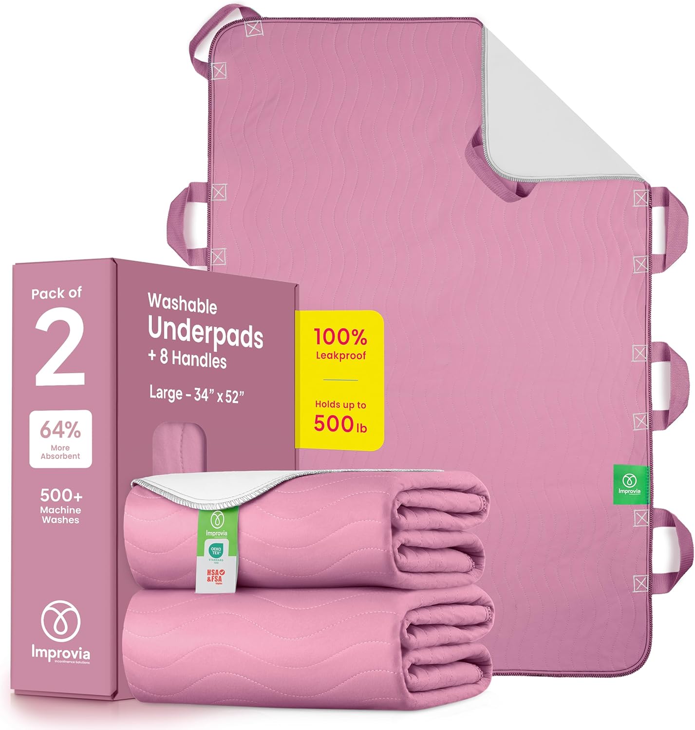 Improvia Positioning Bed Pad, with 8 Reinforced Handles, Quick-Drying, Washable, Waterproof, for Lifting, Turning, Transfering, Elderly and Incontinence Patients (Pink, Pack of 2)