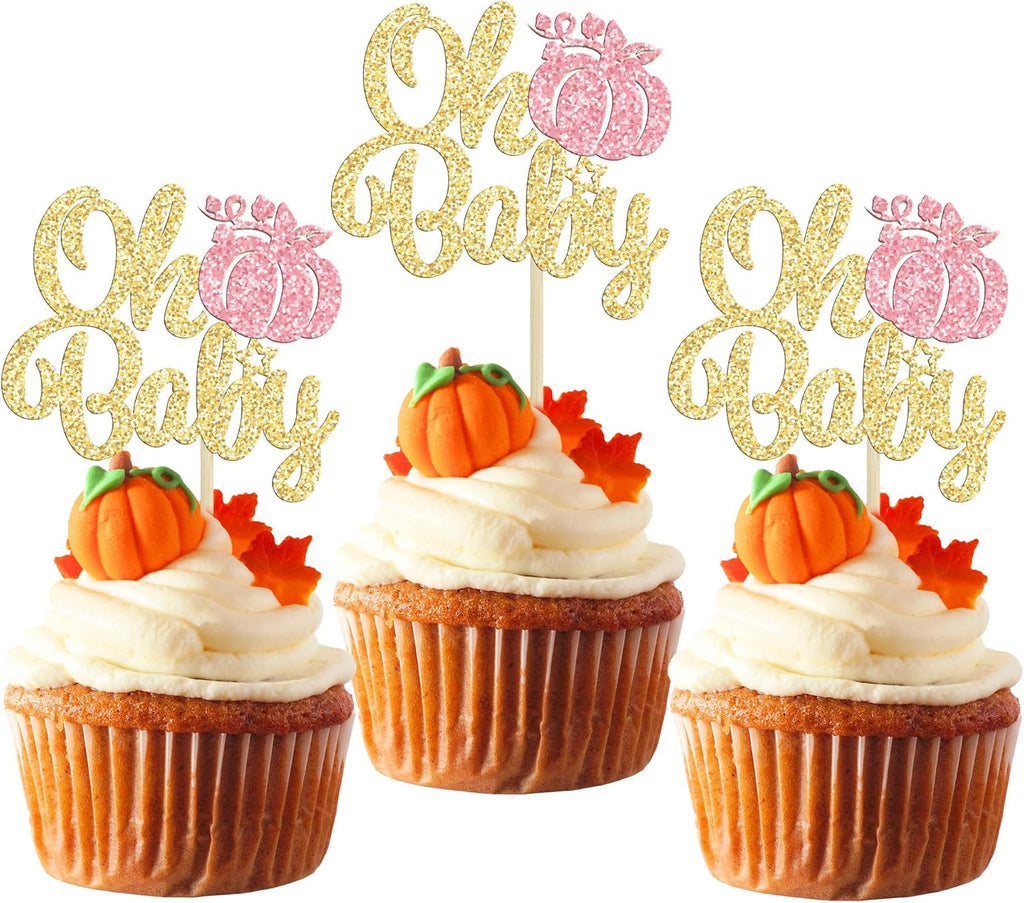Gyufise 24Pcs Pumpkin Oh Baby Cupcake Toppers Glitter Fall Theme Cupcake Picks Baby Shower Cake Decorations for Gender Reveal Kids Birthday Party Supplies Gold