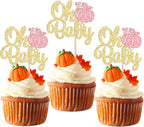 Gyufise 24Pcs Pumpkin Oh Baby Cupcake Toppers Glitter Fall Theme Cupcake Picks Baby Shower Cake Decorations for Gender Reveal Kids Birthday Party Supplies Gold