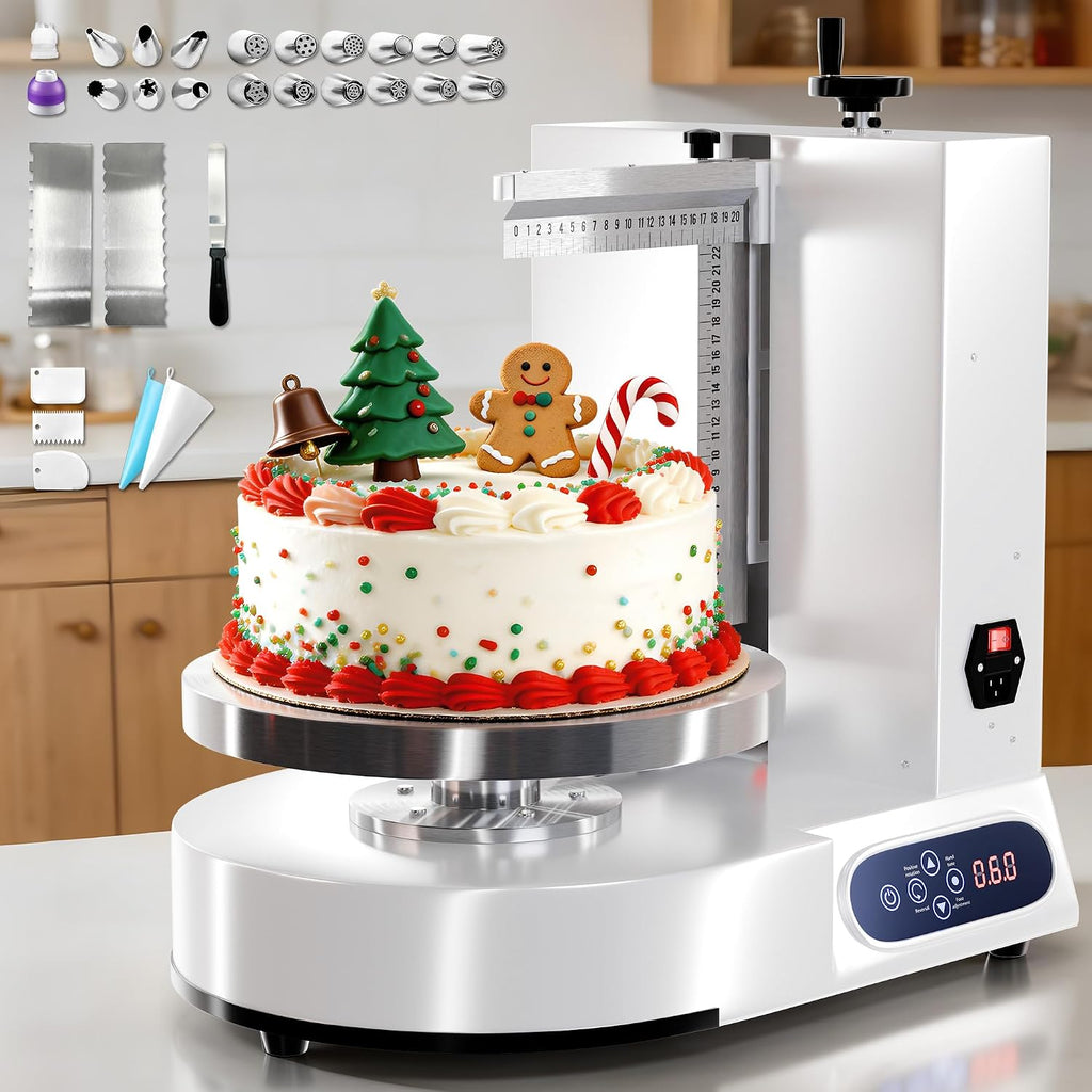 WantJoin Cake Decorating Machine - 4-12 Inch Sloped Panel LED Automatic Cream Spreading with Adjustable 0-300 RPM Rotation Speed Electric Turntable, Cake Icing Machine, with 3 Scraper Sets,White