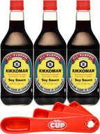 Kikkoman Soy Sauce, Traditionally Brewed, 20 floz Bottle (Pack of 3) with By The Cup Swivel Spoons