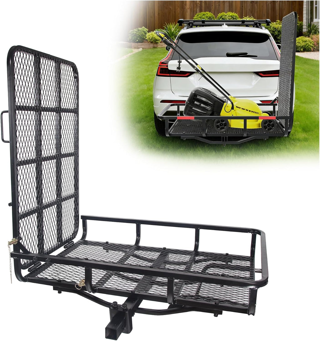 ECOTRIC Hitch Mount Wheelchair Carrier with Mobility Ramp for Wheelchair Scooter Lawn Mower Snow Blower Hauler 500lb Capacity Basket-Style, 73lbs Weight