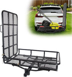 ECOTRIC Hitch Mount Wheelchair Carrier with Mobility Ramp for Wheelchair Scooter Lawn Mower Snow Blower Hauler 500lb Capacity Basket-Style, 73lbs Weight