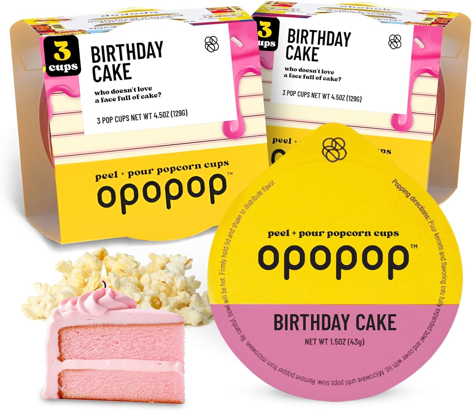 Opopop Microwave Popcorn - Pop Cups Birthday Cake 6-Pack, Non-GMO Gourmet Popcorn Kernels & Popcorn Flavoring, Gluten Free Snacks, Easy to Make and No Mess