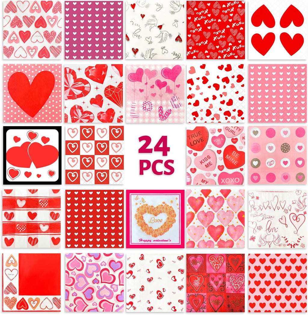 24 Pack Decoupage Napkins 13x13 inch Assorted Red Love Heart Decorative Paper Napkins for Valentine's Day, Wedding, Mother's Day,mothers day decorations and Anniversary