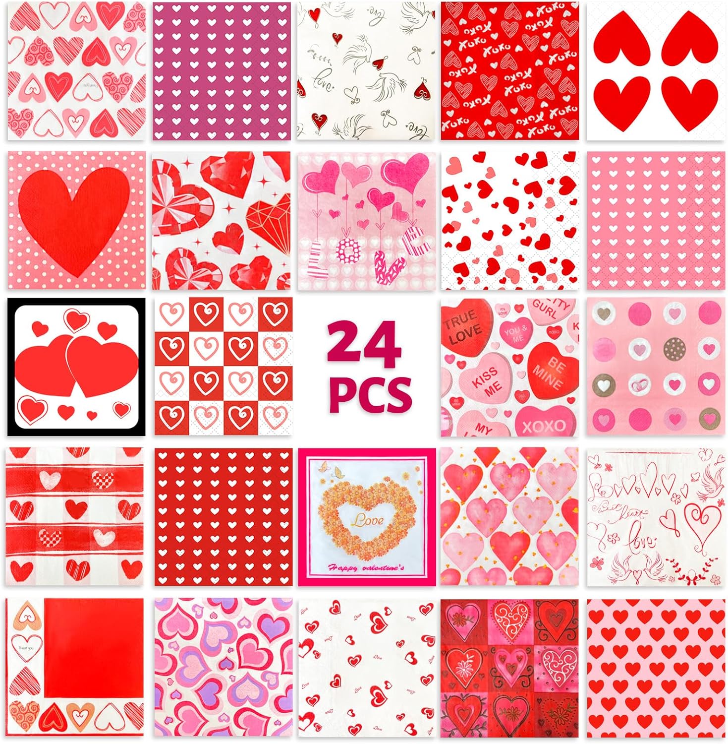 24 Pack Decoupage Napkins 13x13 inch Assorted Red Love Heart Decorative Paper Napkins for Valentine's Day, Wedding, Mother's Day,mothers day decorations and Anniversary