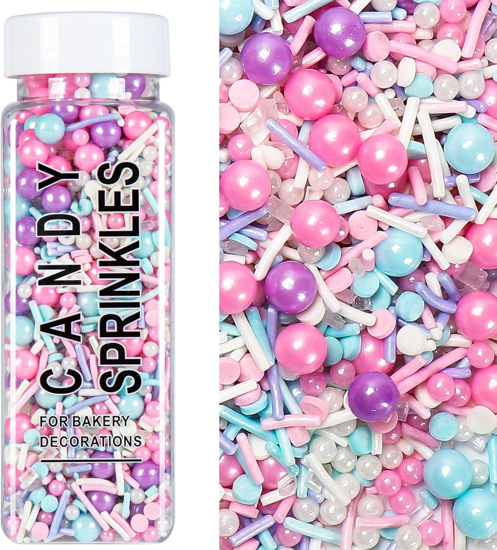 Sprinkles for Cake Decorating, 5.3Oz Pink Purple Blue and White Pearl Confetti Jimmies Mix Pastel Sprinkles for Cake Ice Cream Cupcakes Baking Topping