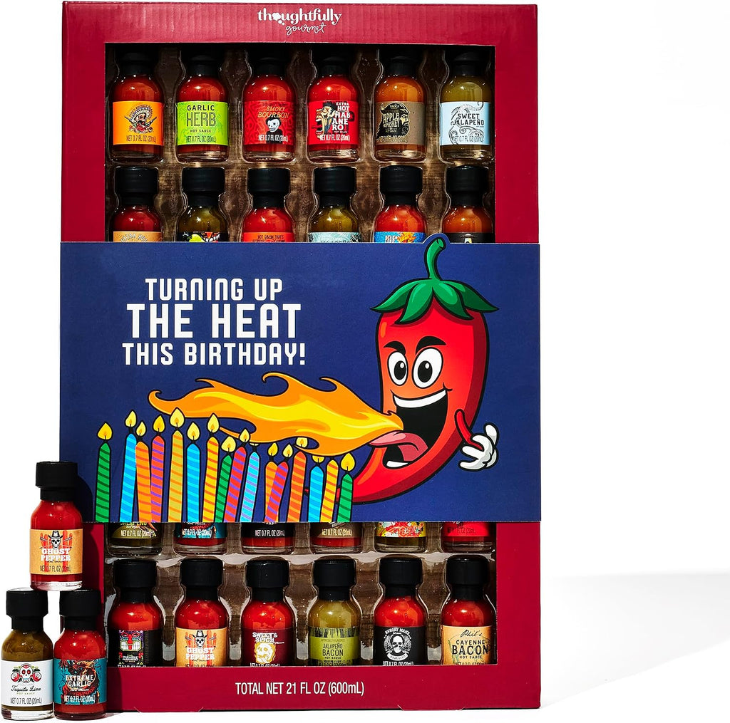 Thoughtfully Gourmet Birthday Hot Sauce Sampler Gift Set, 30-Pack with Flavors Like Garlic Herb & Apple Whiskey, Gift Wrapped for Birthdays
