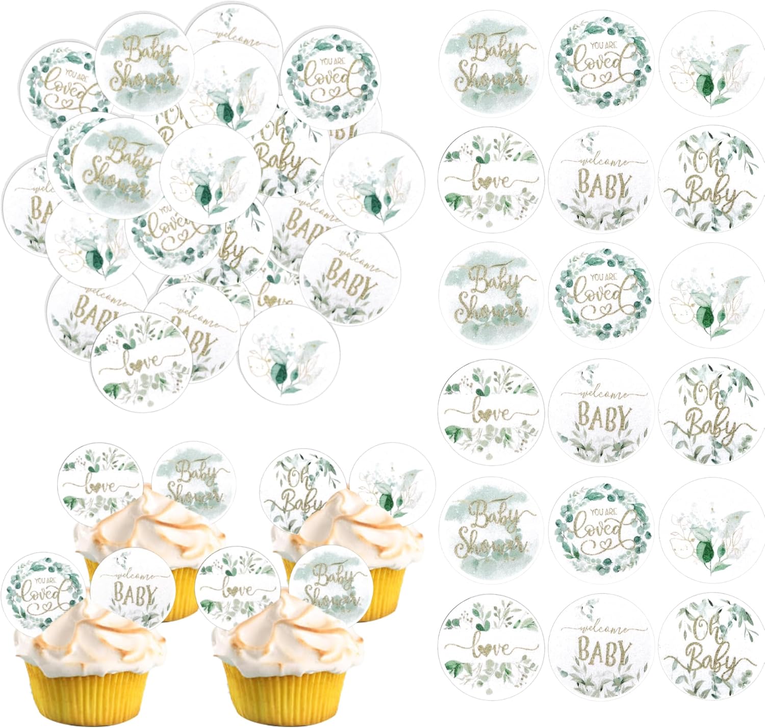 60 PCS Edible Baby Shower Cupcake Toppers Woodland Jungle Leaf Love Welcome Baby Cupcake Picks Edible Oh Baby Cake Decorations for Baby Shower Theme Gender Reveal Kids Birthday Party Supplies