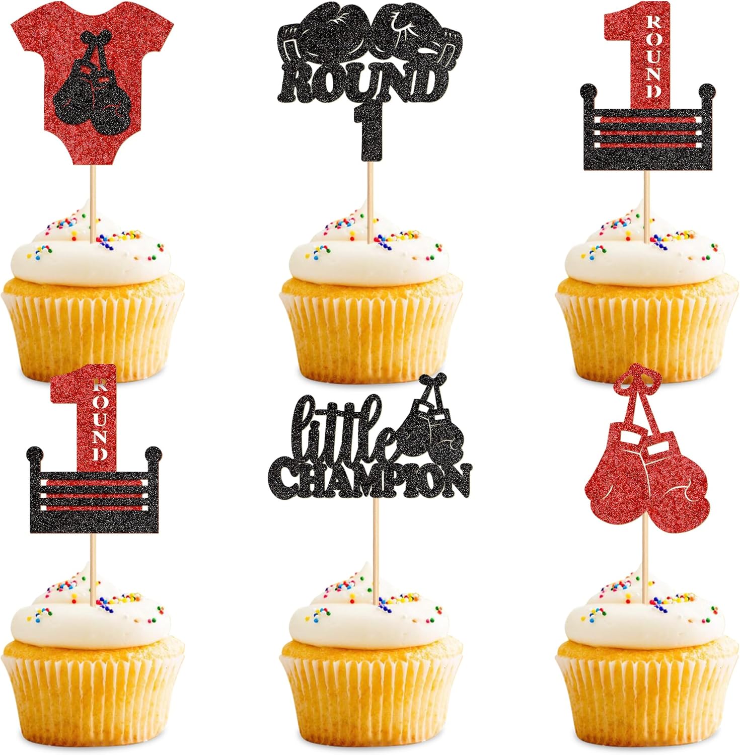 Ercadio 25 Pack Boxing Player Cupcake Toppers Black Red Glitter Boxing Gloves Cupcake Picks Boxer Gym Theme Round 1 Little Champion Baby Shower Birthday Party Cake Decorations Supplies