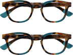 OPULIZE AVA Reading glasses for Women Men,Scratch Resistant Round frame with Spring Hinges, Brown Tortoiseshell with Turquoise +2.5 (Pack of 2)