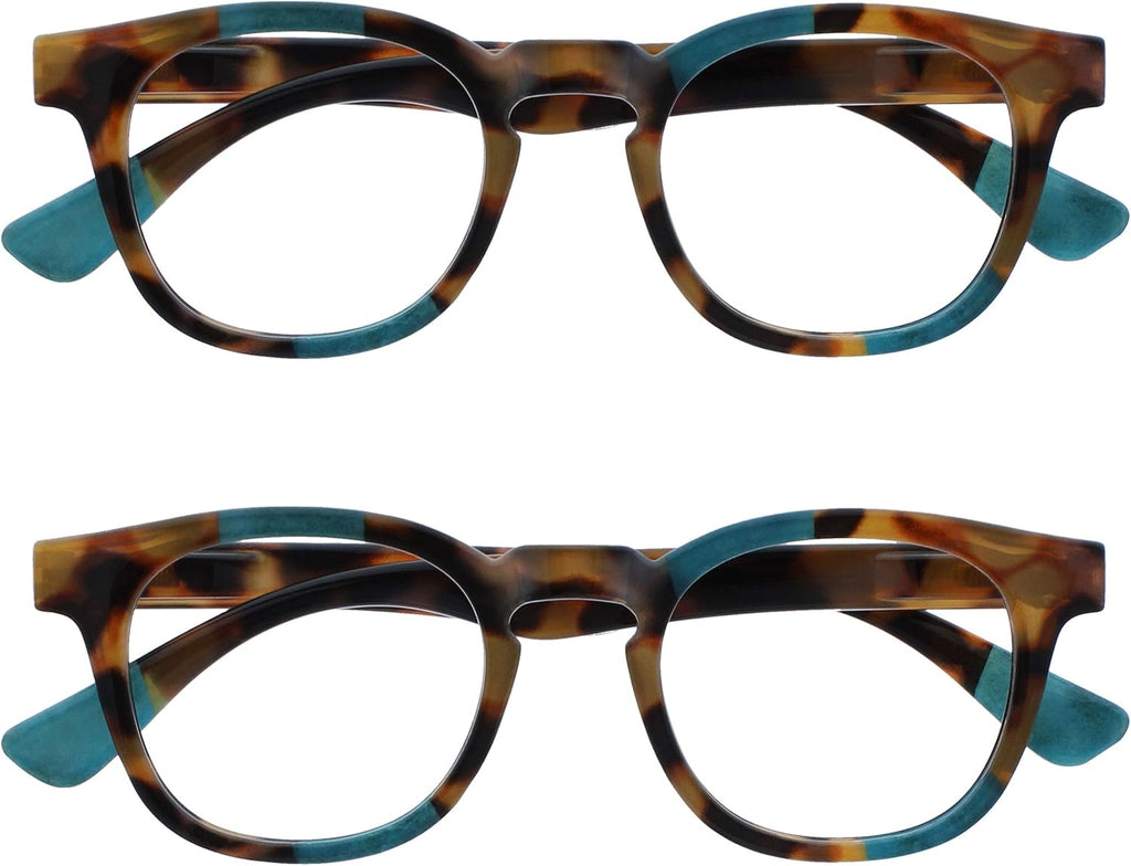 OPULIZE AVA Reading glasses for Women Men,Scratch Resistant Round frame with Spring Hinges, Brown Tortoiseshell With Turquoise +1 (Pack of 2)