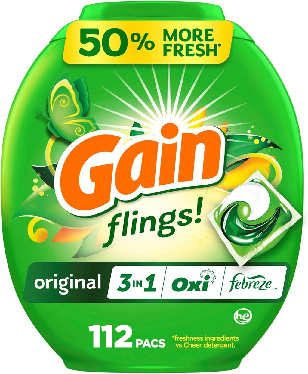 Gain Flings Laundry Detergent Pacs, Odor Defense, 112 Count, Original Scent, 3 in 1 HE Compatible Detergent Pacs with Oxi Boost and Febreeze