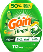 Gain Flings Laundry Detergent Pacs, Odor Defense, 112 Count, Original Scent, 3 in 1 HE Compatible Detergent Pacs with Oxi Boost and Febreeze