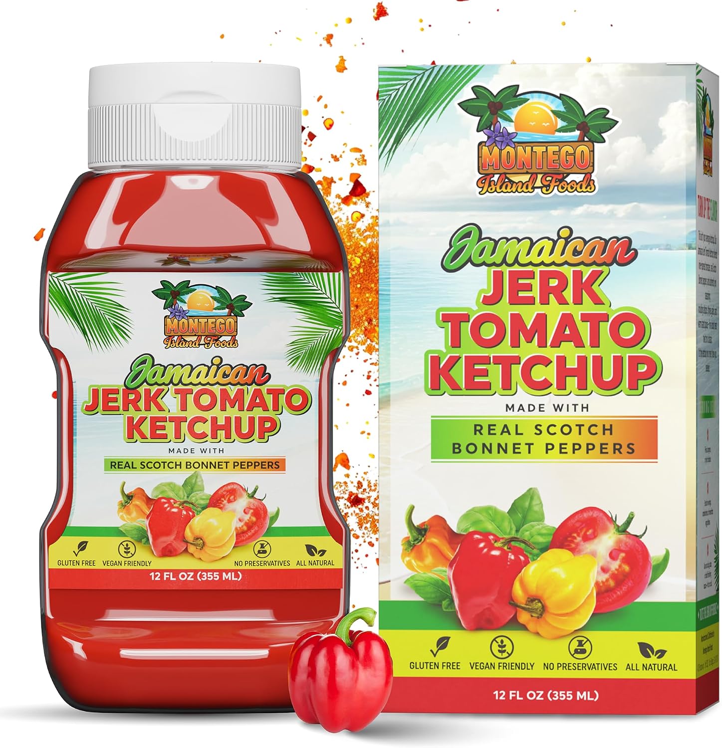 Montego Island Foods Jamaican Jerk Tomato Ketchup – Thick & Rich Premium Ketchup with Scotch Bonnet Peppers, Allspice & Bold Caribbean Spices – All-Natural, Gluten-Free, Vegan – 12 oz Squeeze Bottle