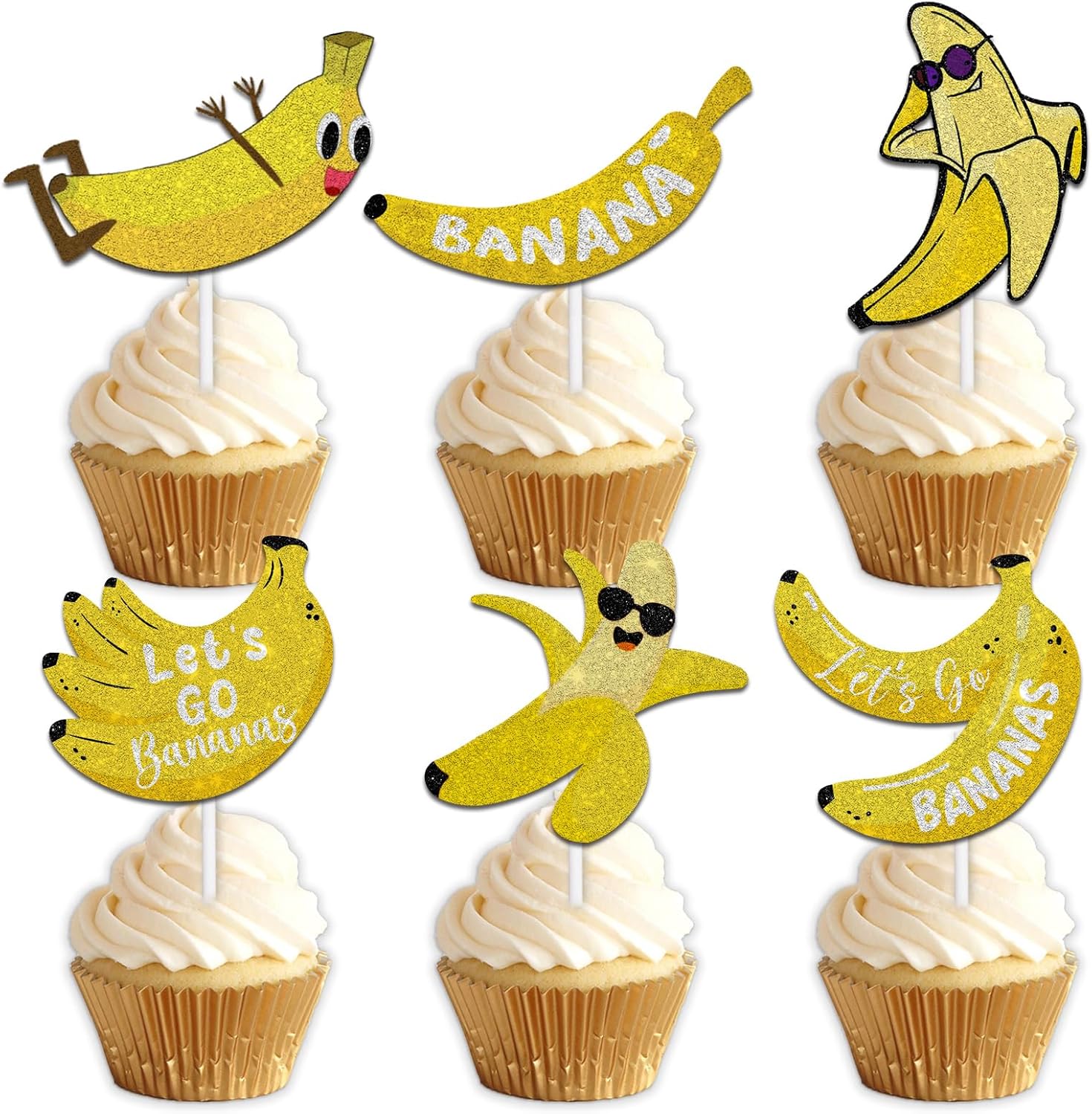 18pcs Yellow Glitter Fruit Banana Dessert Cupcake Topper Pick for Let’s Go Banana Theme Decor Supplies Baby Shower Men Women Boys Girls Happy Birthday Party Decorations