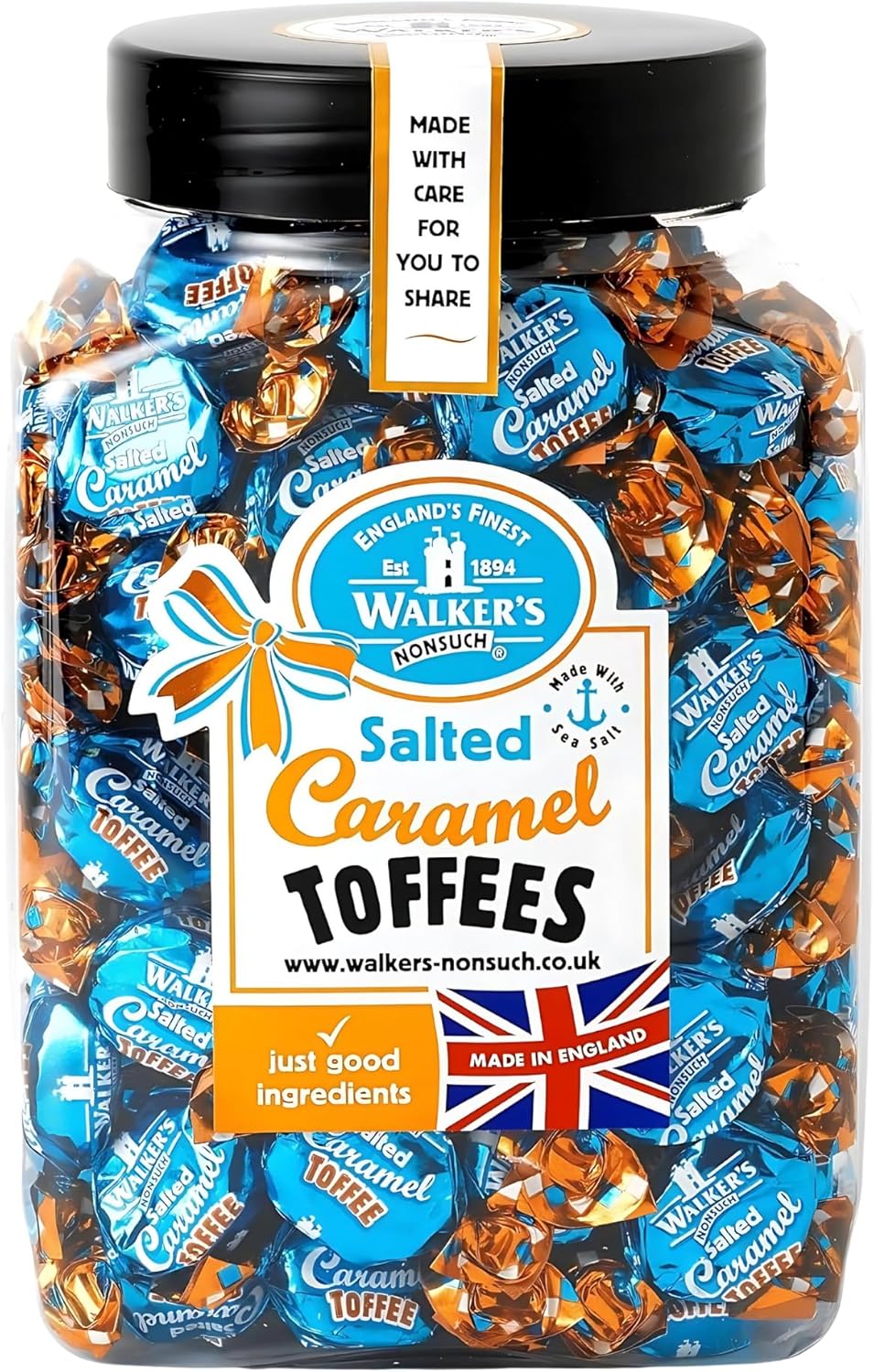 Walkers Nonsuch Salted Caramel Toffees Jar 1.25kg (44.09 Oz) – Traditional British Candy – Sweet and Salty Caramel Toffee Individually Wrapped – Imported UK Gourmet Milk & Butter Candy Gift Pack