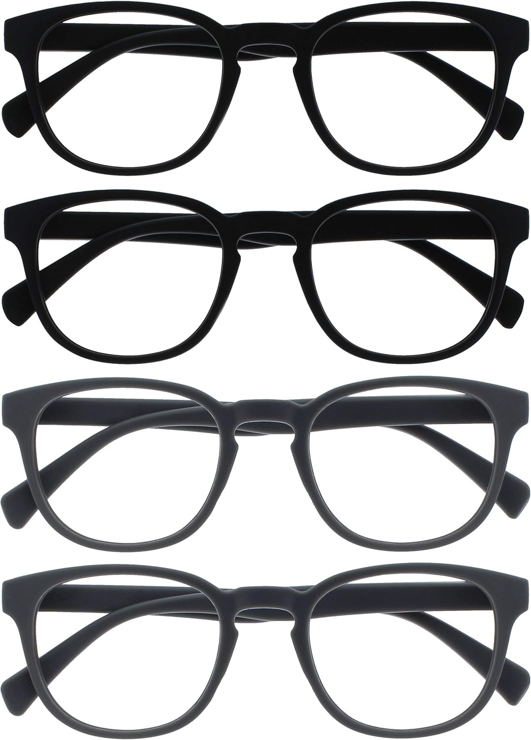 OPULIZE POP Reading Glasses for Women Men,Scratch Resistant Round Matt Frame with Spring Hinges, Black, Black, Grey, Grey +1.50 (Pack of 4)