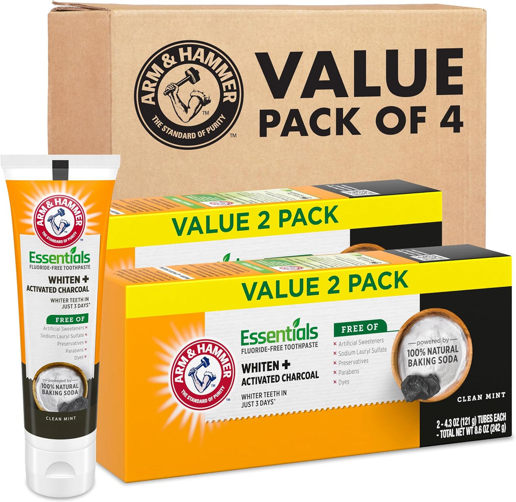 ARM & HAMMER Essentials Fluoride-Free Toothpaste, Whitening + Activated Charcoal Toothpaste, 4 Pack of 4.3oz Tubes, Clean Mint, 100% Natural Baking Soda