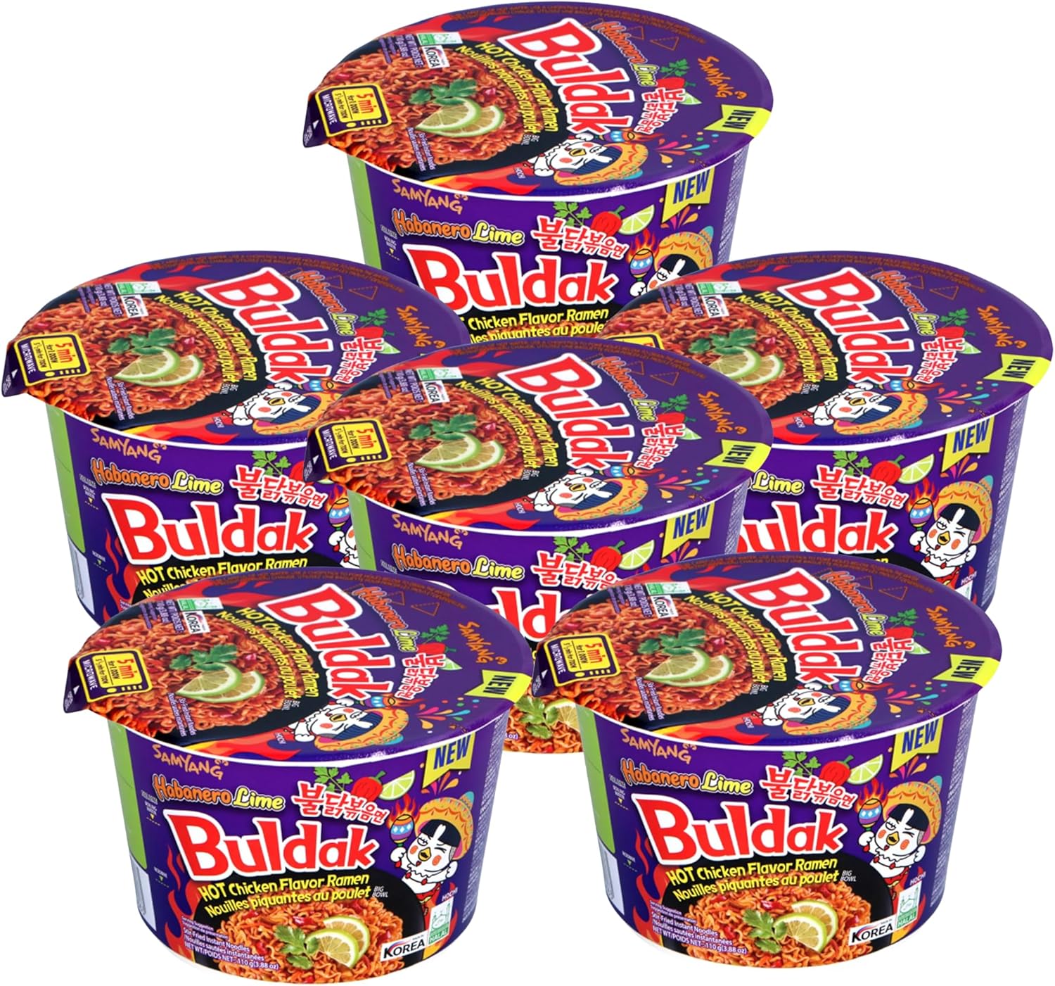 Samyang Buldak Noodles Hot Chicken Flavour Ramen Habanero Lime Big Bowl Cup 110g Instant Korean Food Snacks (Pack of 6)