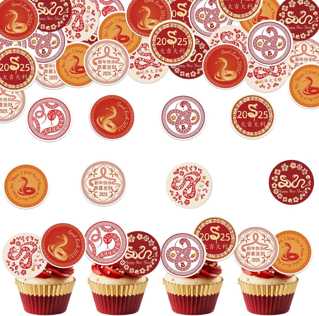 48PCS Edible Chinese Lunar Year Spring Festival Cupcake Toppers Edible Chinese Snake Year Cupcake Toppers Chinese Happy New Year Cake Decor for Snake Year Spring Festival Party Decor Supplies