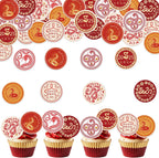 48PCS Edible Chinese Lunar Year Spring Festival Cupcake Toppers Edible Chinese Snake Year Cupcake Toppers Chinese Happy New Year Cake Decor for Snake Year Spring Festival Party Decor Supplies