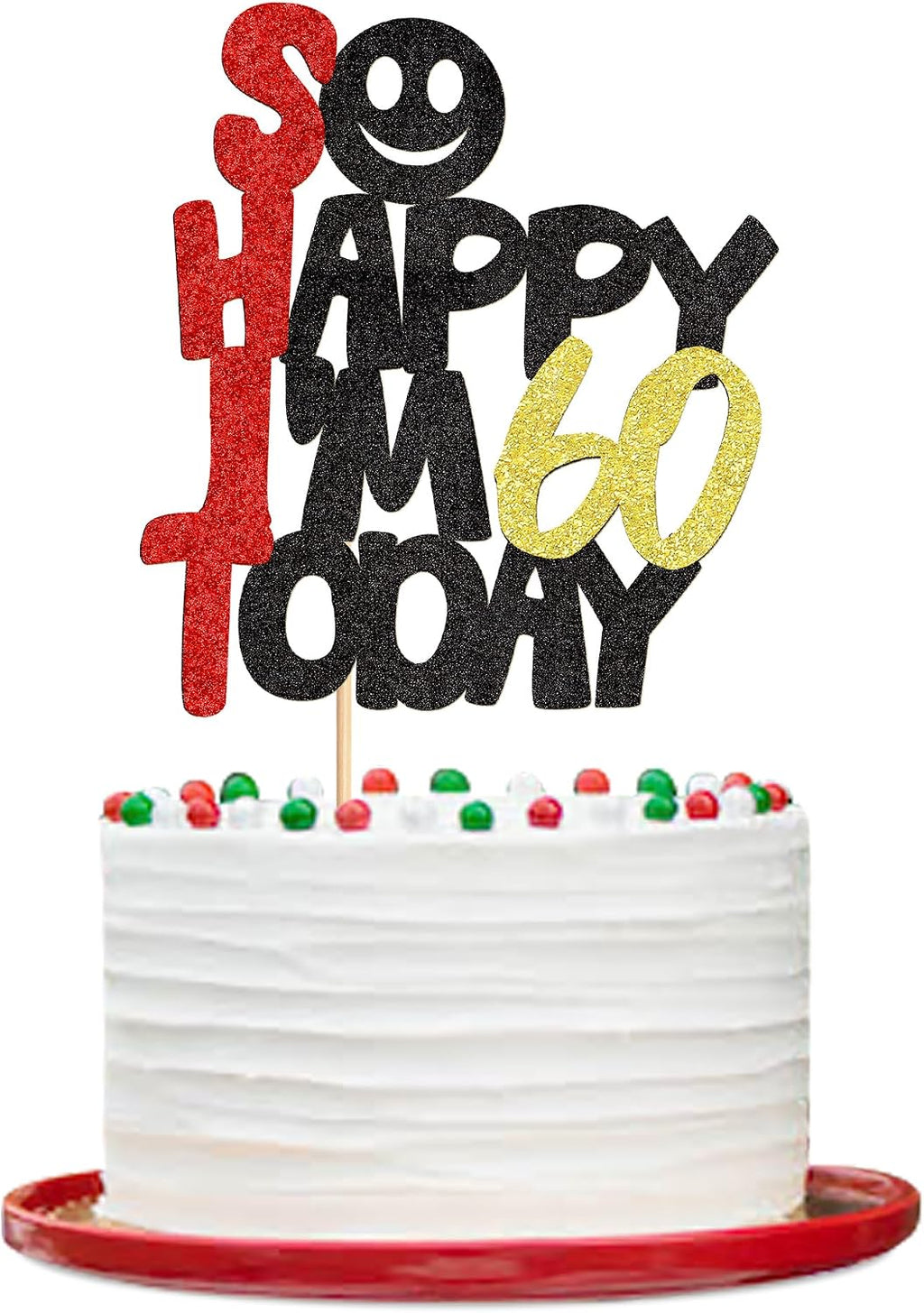 Ercadio 1PCS So Happy I'm 60 Today Cupcake Toppers Glitter 60th Birthday Cake Toppers Funny 60th Cake Topper for Men or Women Picks for Birthday Party Cake Decorations Supplies