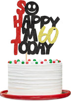 Ercadio 1PCS So Happy I'm 60 Today Cupcake Toppers Glitter 60th Birthday Cake Toppers Funny 60th Cake Topper for Men or Women Picks for Birthday Party Cake Decorations Supplies