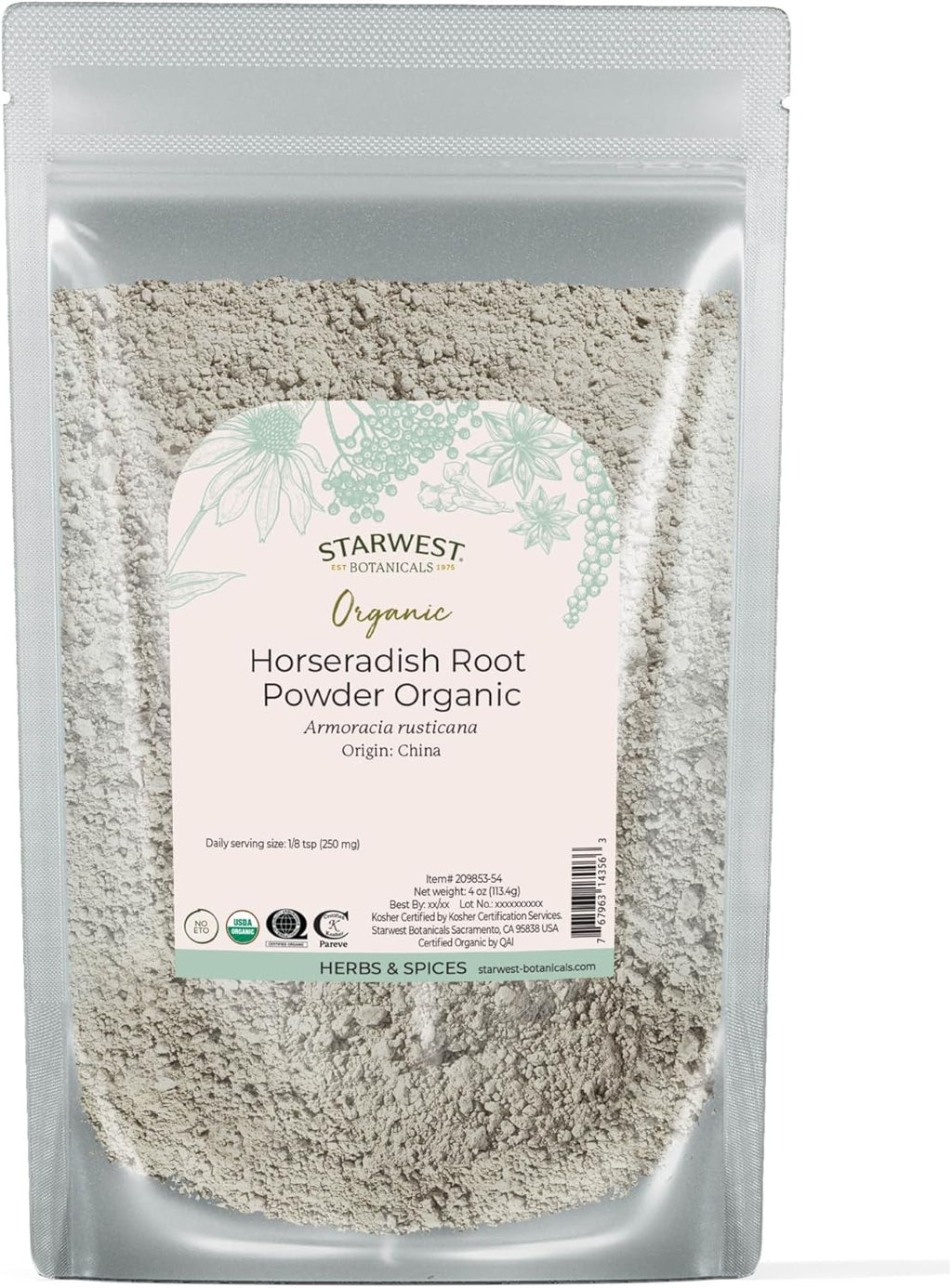 Starwest Botanicals Organic Horseradish Root Powder - Dried Seasoning Spice for Meats, Seafood, & Sauces, Finely Ground, Spicy & Savory, Certified Kosher, Non-GMO - 4 oz Pouch